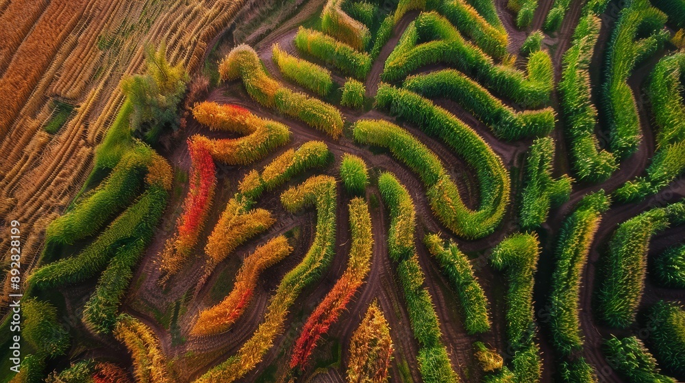 Fototapeta premium Corn maze with autumn colors. Corn maze aerial view