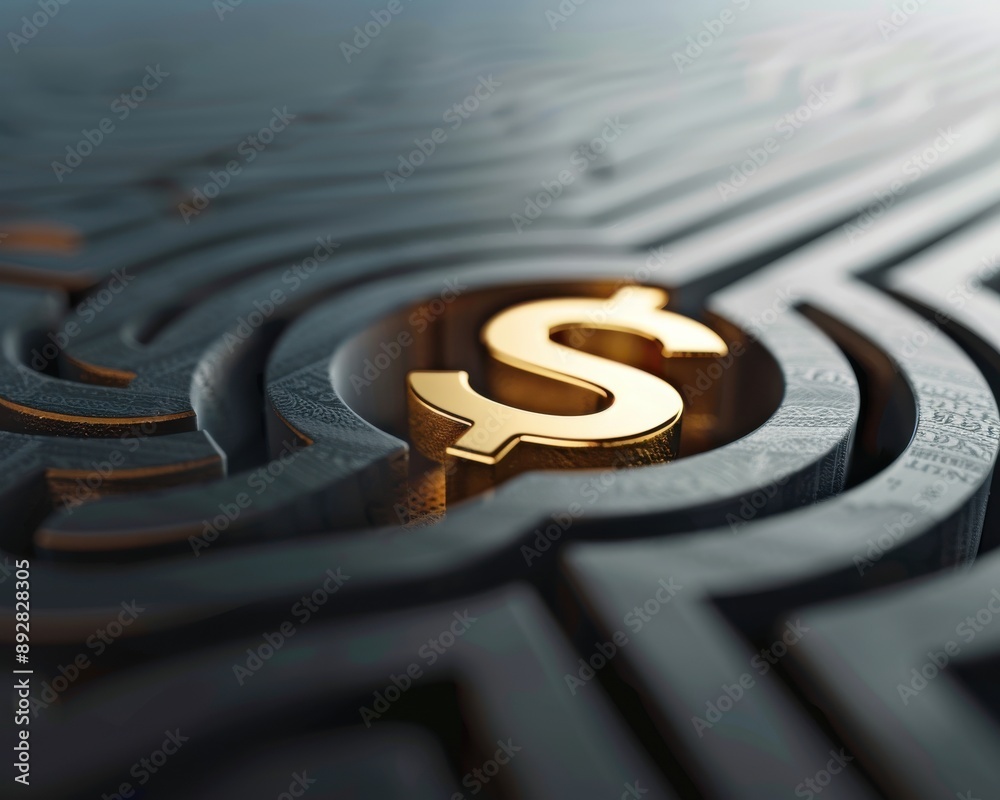 A golden dollar symbol placed at the center of a labyrinth, symbolizing the journey to financial success and the reward at the end A golden dollar symbol placed at the center of a labyrinth, symbolizing the journey to financial success and the reward at the end