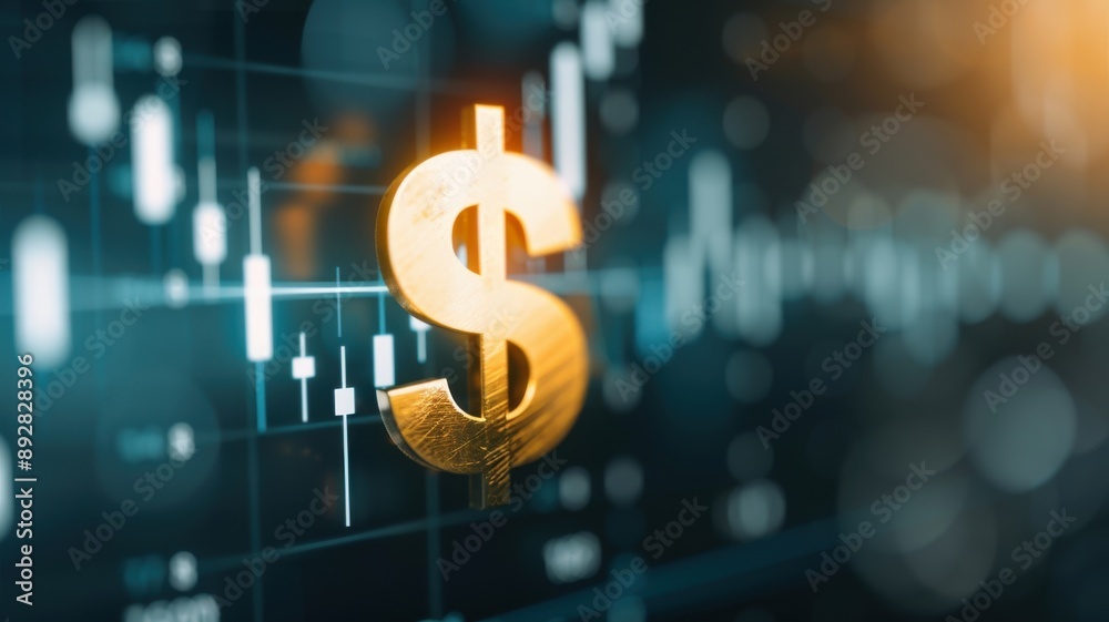 A golden dollar symbol shining brightly against a backdrop of rising stock charts and financial graphs, symbolizing financial success