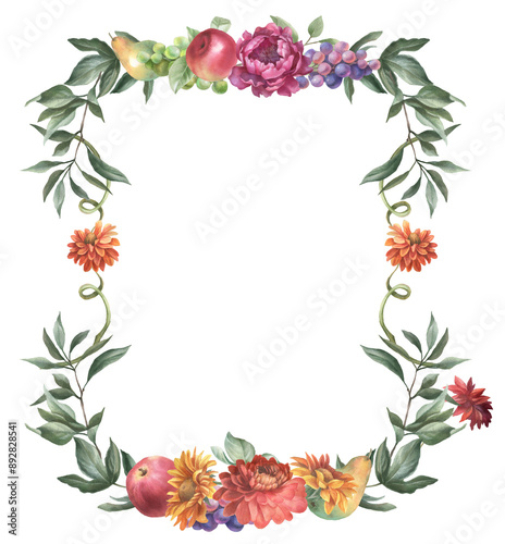 Watercolor Autumn floral border PNG. Thanksgiving frame, hello autumn