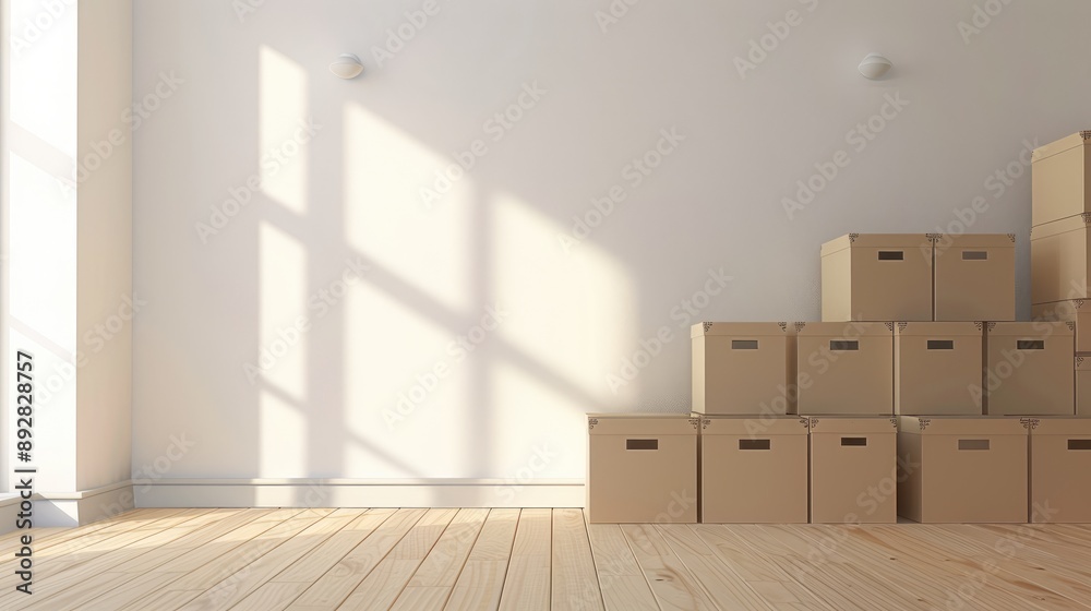 Apartment interior storage boxes. Empty text space