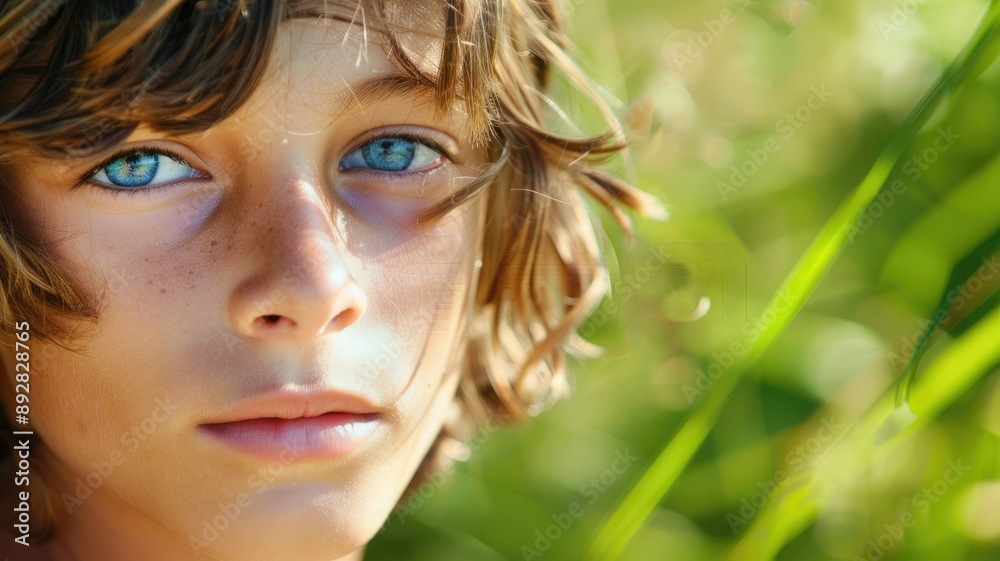 Close-up of young individual with striking blue eyes and sunlit hair