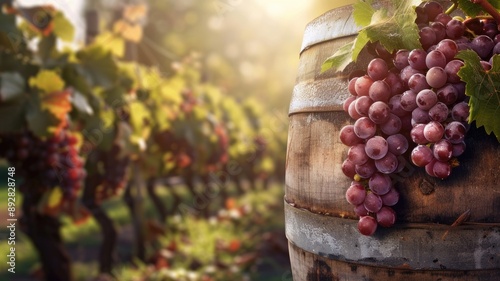 Wooden barrel with grapes in vineyard during sunset