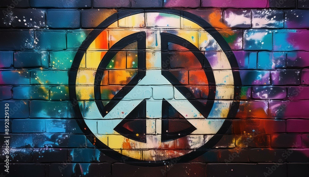 Obraz premium A multicolored peace symbol painted on a colorful brick wall.