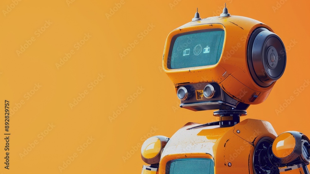 Orange robot with digital face against orange background Orange robot with digital face against orange background