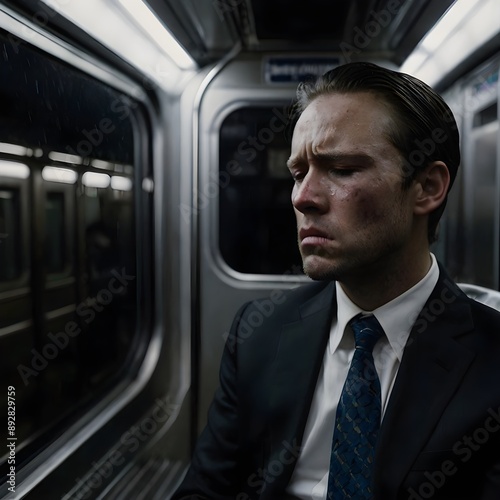 A sad man in a suit crying on the subway, depression, crying, close-up, angry, dark, stress