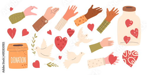 Charity set. Hands with hearts shape, donation box and dove of peace. Palms with charity and kindness symbols kit. Vector hand drawn collection illustration isolated on white background.