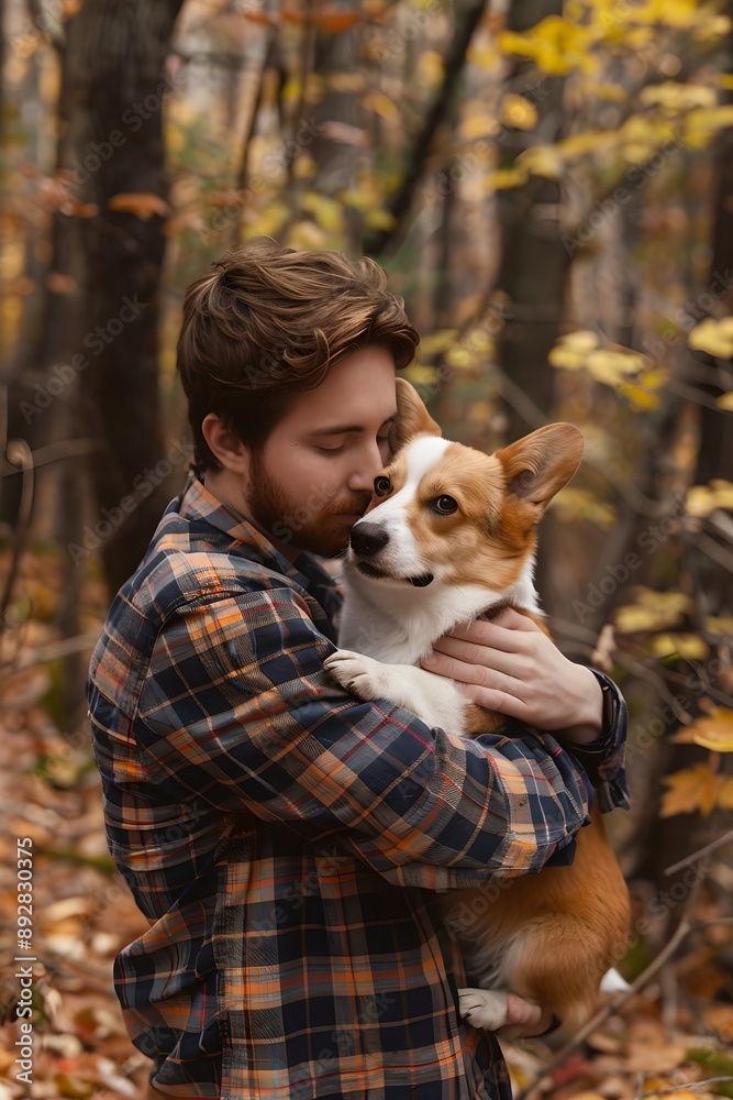Man holding corgi in blurred autumn forest background. Friendship and pet love concept. Companion and friend. Man hugging his dog. Banner, poster Man holding corgi in blurred autumn forest background. Friendship and pet love concept. Companion and friend. Man hugging his dog. Banner, poster