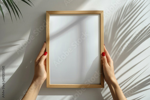 A pair of woman hands holding a light wooden vertical frame mockup 