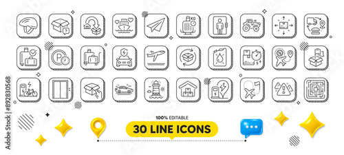 Luggage trolley, Supply chain and Flight sale line icons pack. 3d design elements. Electric bike, Car, Destination flag web icon. Canister, Bicycle helmet, Parking time pictogram. Vector