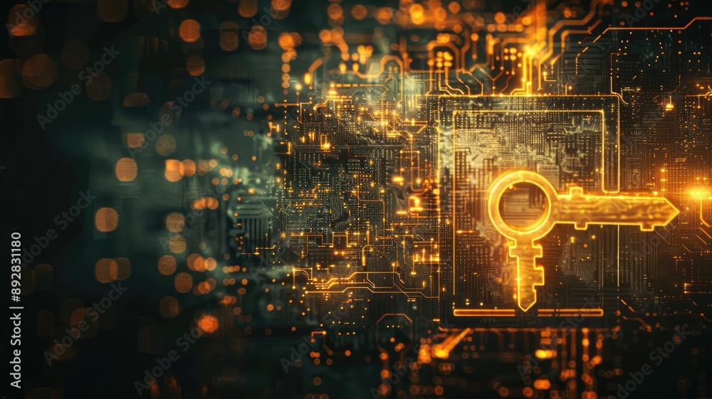 Obraz premium Digital representation of cybersecurity concept with glowing key on circuit board