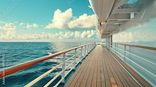 Side view of cruise ship deck overlooking ocean under clear blue sky