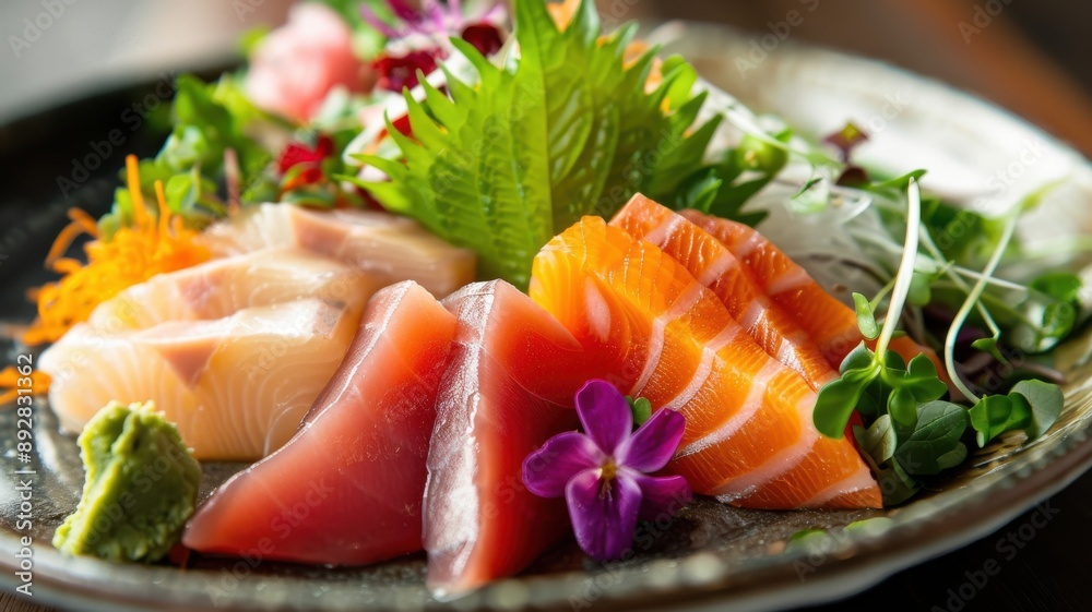A vibrant close-up of a sashimi plate, with colorful slices of fish arranged in a fan shape, garnished with edible flowers and microgreens A vibrant close-up of a sashimi plate, with colorful slices of fish arranged in a fan shape, garnished with edible flowers and microgreens