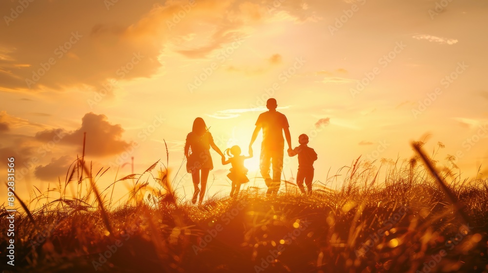 Silhouette of family with two children holding hands during sunset in field Silhouette of family with two children holding hands during sunset in field