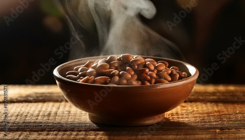 Prato em cima de uma mesa de madeira com feijão quente e vapor saindo dos grãos