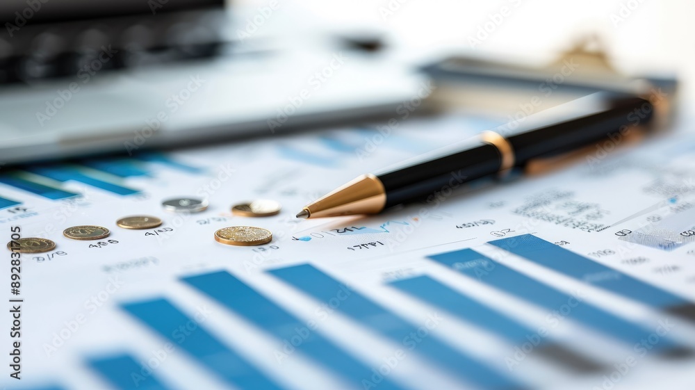 Financial charts on desk with coins, pen, and laptop Financial charts on desk with coins, pen, and laptop