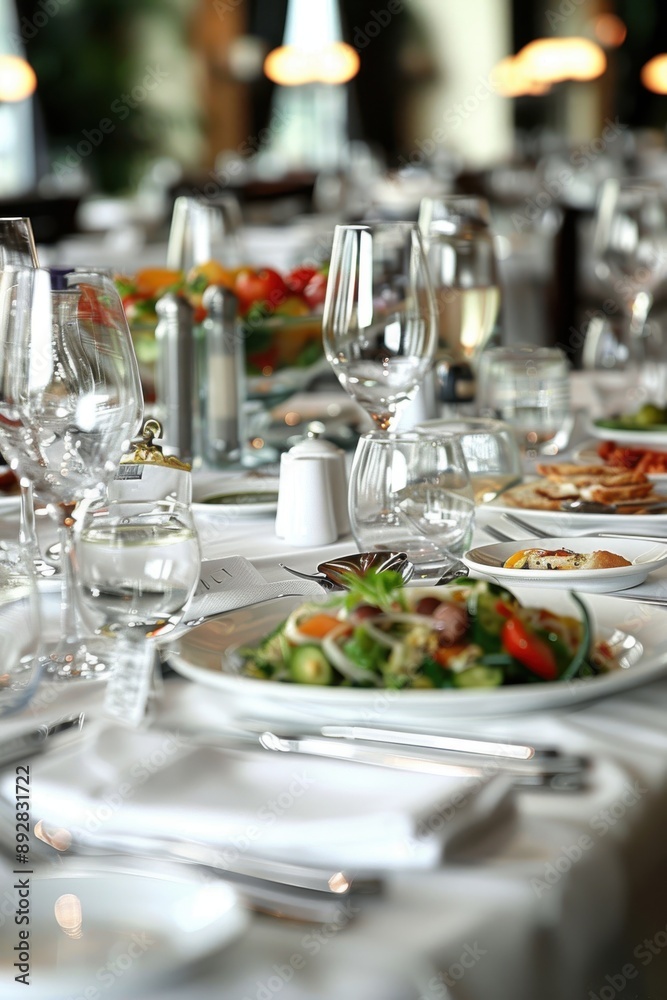 Elegant Dinner Table Setting: An inviting spread of fine dining, with a crisp white tablecloth, gleaming silverware, and a gourmet salad, creating a sophisticated ambiance for special occasions. Elegant Dinner Table Setting: An inviting spread of fine dining, with a crisp white tablecloth, gleaming silverware, and a gourmet salad, creating a sophisticated ambiance for special occasions.