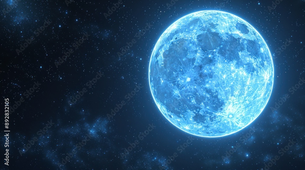 A luminous blue moon dominates the night sky surrounded by a field of twinkling stars A luminous blue moon dominates the night sky surrounded by a field of twinkling stars