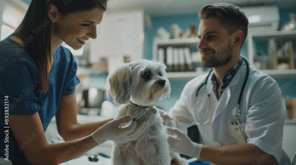 A team of veterinarians administering an injection to a fluffy white dog during a medical examination. A team of veterinarians administering an injection to a fluffy white dog during a medical examination.