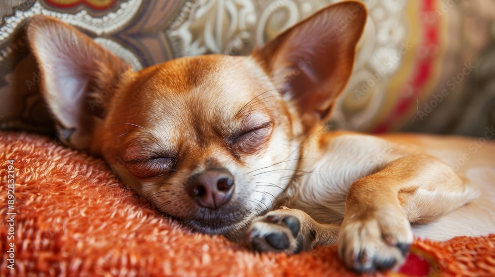 Chihuahua sleeping on a cushion, close-up. Chihuahua sleeping on a cushion, close-up.
