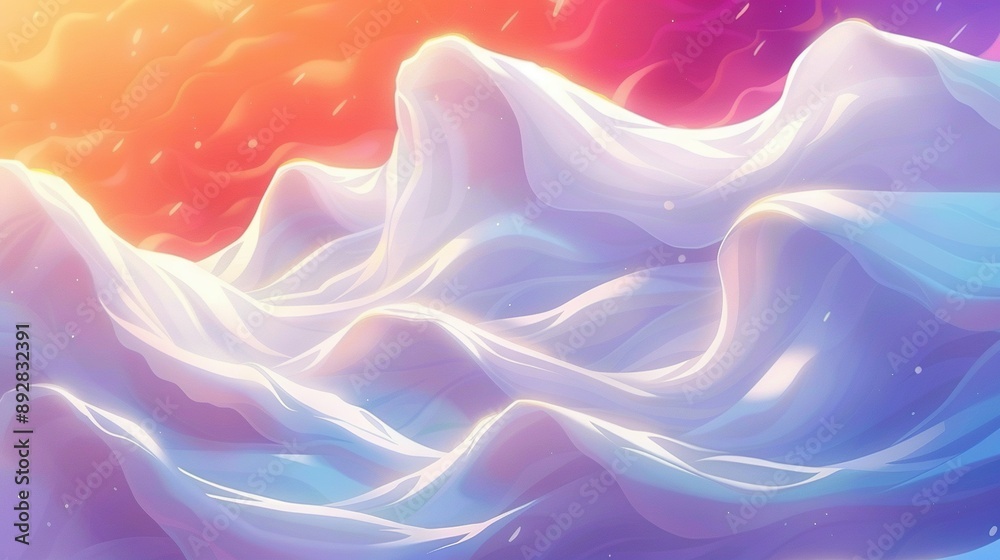 Obraz premium A stunning painting captures a snow-covered mountain at dusk, surrounded by billowing clouds in the foreground