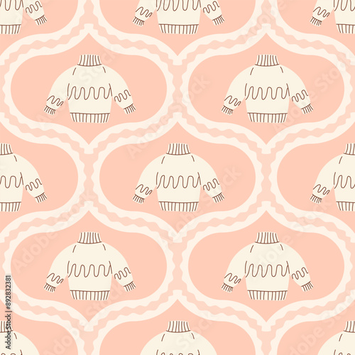 Sweater damask seamless pattern. Pink arch repeat background. Casual pullover retro endless design. Vector hand drawn flat illustration.