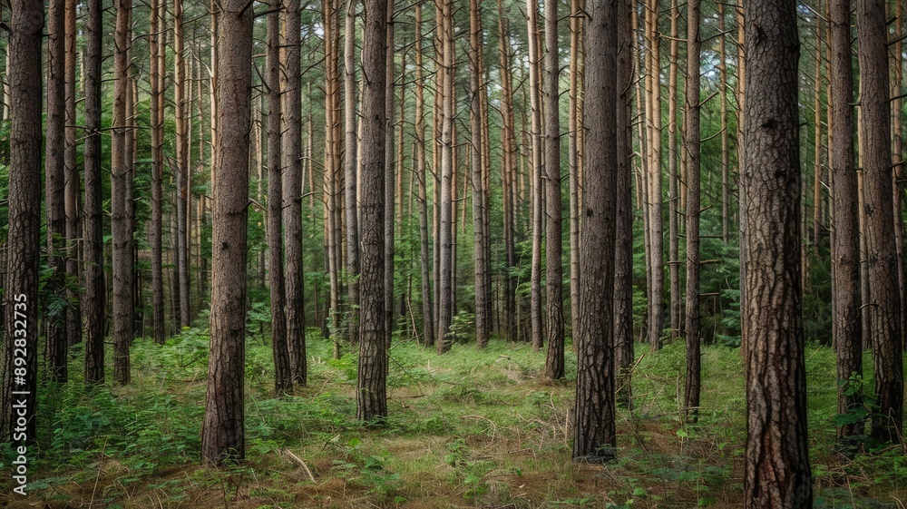 Dense pine forest with lush green undergrowth Dense pine forest with lush green undergrowth