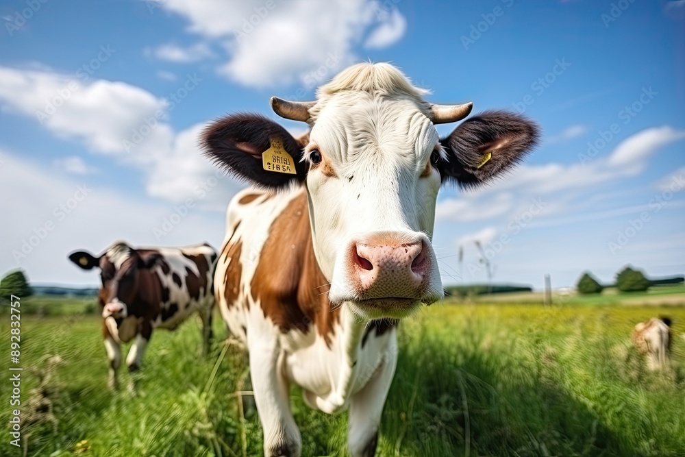 Curious cow grazes in natural summer green field, Curious cow grazes in natural summer green field,