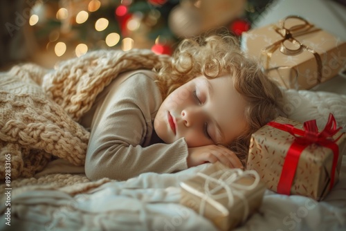Stillness of night young curly-headed dreamer sleeps soundly. Curly-haired youth enjoys peaceful rest embraced tender dreams. Young one's gentle slumber allegorizes delicate balance of nurturing care.