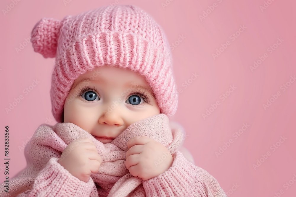 Cute infant wearing a cozy pink hat and sweater, bundles up with a charming expression on a pink background Cute infant wearing a cozy pink hat and sweater, bundles up with a charming expression on a pink background