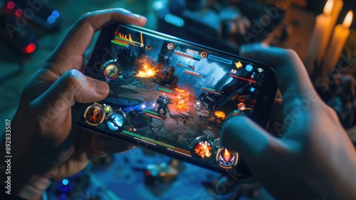 Hands holding smartphone playing colorful action RPG game photo