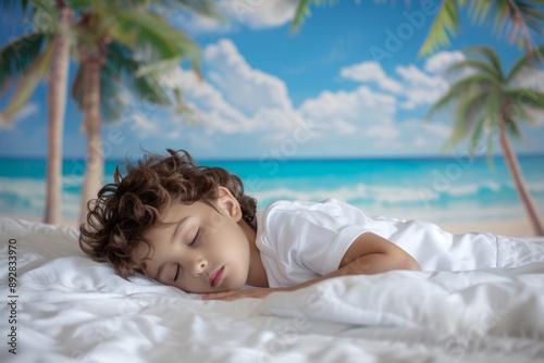 Moonlight softly illuminates boy wrapped magic of sleep. Peaceful sleep of young boy enveloped quiet and imagination. Boy asleep symbolizes tranquility and peace of unburdened youth. photo