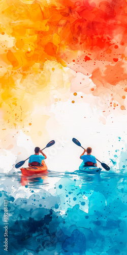 Two kayakers paddling with vibrant orange and blue watercolor splashes in the background. Ideal for outdoor promotions, adventure campaigns, and water sports marketing. Perfect for travel brands photo