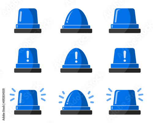 Emergency siren flashlight set for police, ambulance and alarms with exclamation hazard warning symbol in blue color. Emergency police siren. Ambulance light vector set.