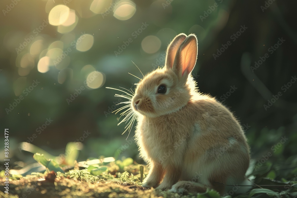 Fototapeta premium Peaceful rabbit enjoys the warmth of a sunset amidst a natural backdrop