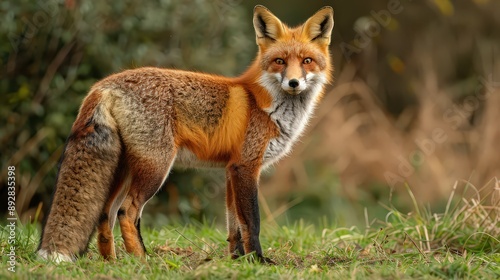 red fox standing alert in a natural environment, displaying its bushy tail and sharp eyes, perfectly blending into its surroundings with autumn foliage.