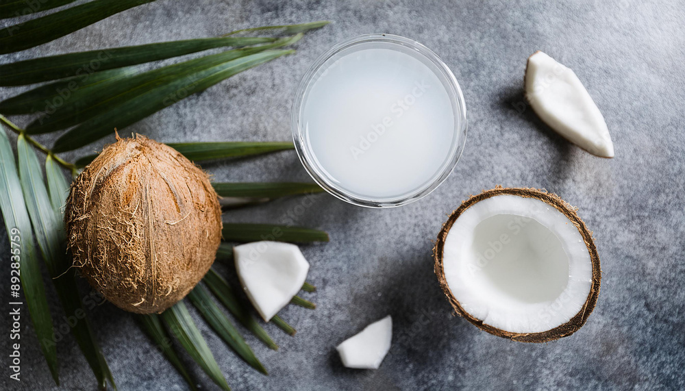 Coconut water with fresh coconut slices on stone table. Natural drink. Healthy detox beverage.