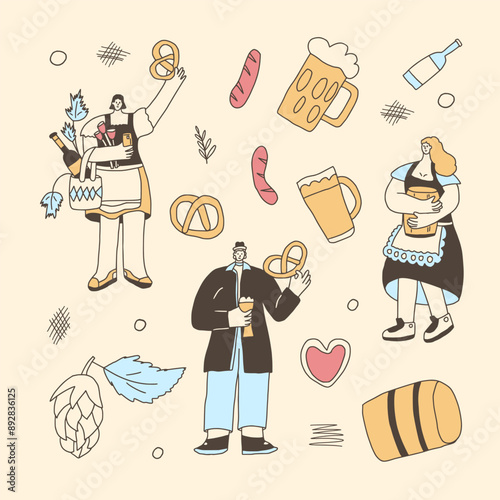 Set of Oktoberfest characters. Beer festive people square poster. Vector hand drawn flat collection illustration.