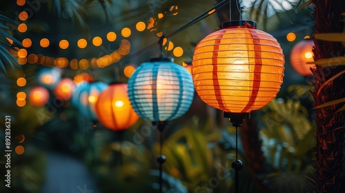 row of colorful paper lanterns hanging in a festive outdoor setting, glowing softly with warm light during a cultural celebration or festival. photo