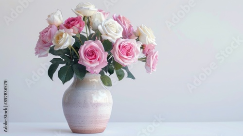 Ceramic vase with pink and white roses against white background