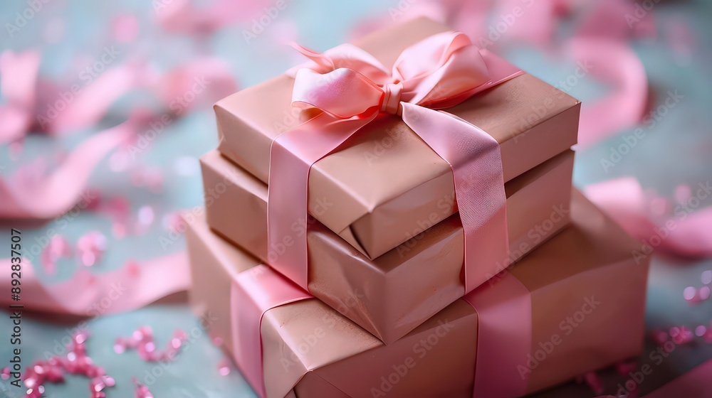 stack of pink gift boxes with matching pink ribbons, surrounded by soft, pink decorations, evoking a sense of elegance and celebration. stack of pink gift boxes with matching pink ribbons, surrounded by soft, pink decorations, evoking a sense of elegance and celebration.