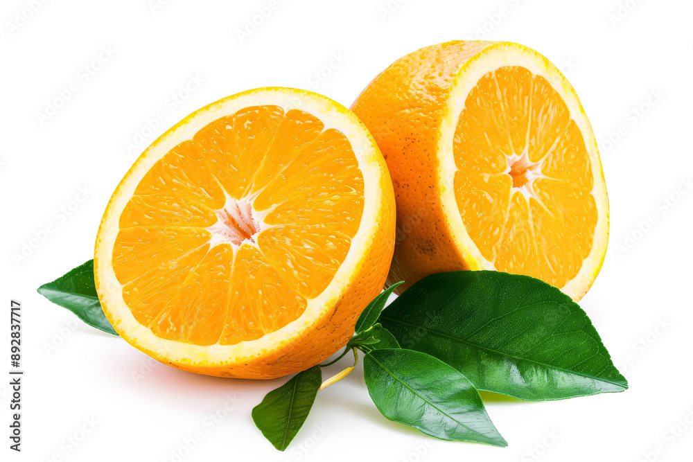 Fototapeta premium Two oranges with a leaf on top