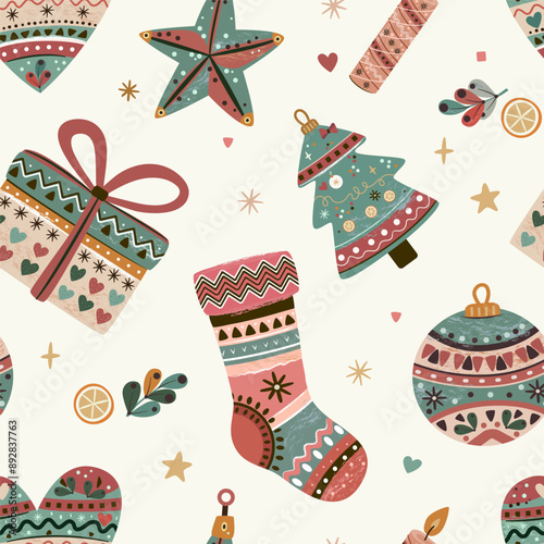 Christmas seamless pattern in boho style. Festive Christmas decor. Christmas tree ornaments, balls, gift stocking, gift box, candle, heart, snowflakes, stars, decorations, natural colors