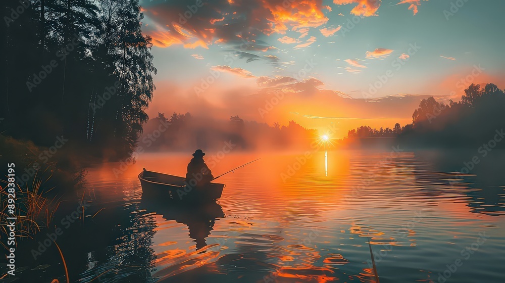 person fishing at sunrise or sunset by a tranquil lake or river, with fishing rods and a small boat nearby, symbolizing relaxation and leisure activities while camping. person fishing at sunrise or sunset by a tranquil lake or river, with fishing rods and a small boat nearby, symbolizing relaxation and leisure activities while camping.