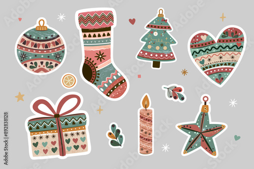 Christmas set boho style. Festive decor of Christmas and New Year stickers. Christmas tree decorations, balls, gift stocking, gift box, candle, heart, snowflakes, stars, decorations, natural colors