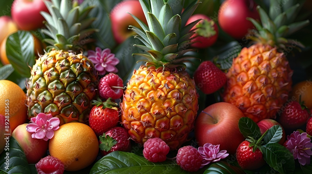 Fresh produce assortment featuring pineapples and strawberries.