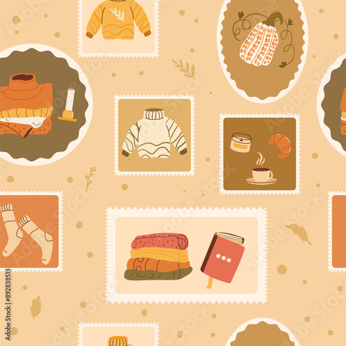 Elevated cozy rest checked seamless pattern. Autumn and winter activity repeat background. Reading and sweaters weather concept retro stamps endless design. Vector hand drawn illustration.