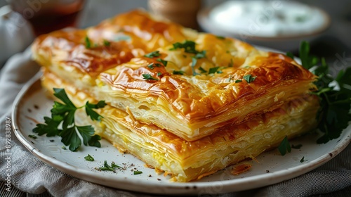  plate of golden, flaky puff pastry squares garnished with fresh parsley, presenting a delicious and appetizing baked dish with layers of crispy dough.