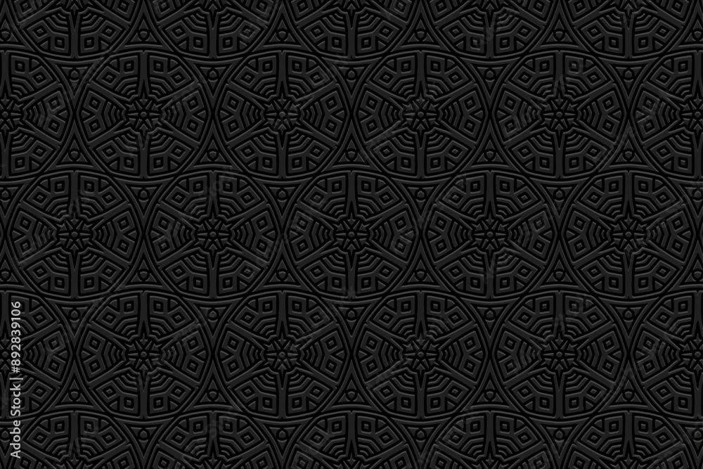 Embossed black background, tribal cover design, banner. Geometric decorative 3D pattern. Ethnic ornaments, arabesques, mandala. Vintage, handmade. Traditions of the East, Asia, India, Mexico, Aztec Embossed black background, tribal cover design, banner. Geometric decorative 3D pattern. Ethnic ornaments, arabesques, mandala. Vintage, handmade. Traditions of the East, Asia, India, Mexico, Aztec