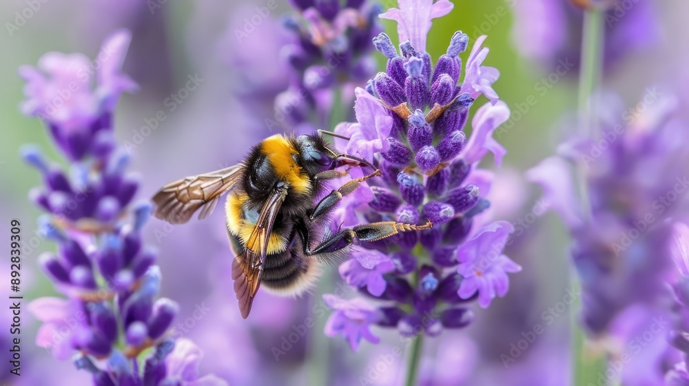 Bee Conservation. Close-Up of Bumblebee Pollinating Lavender Flowers in Natural Habitat Bee Conservation. Close-Up of Bumblebee Pollinating Lavender Flowers in Natural Habitat
